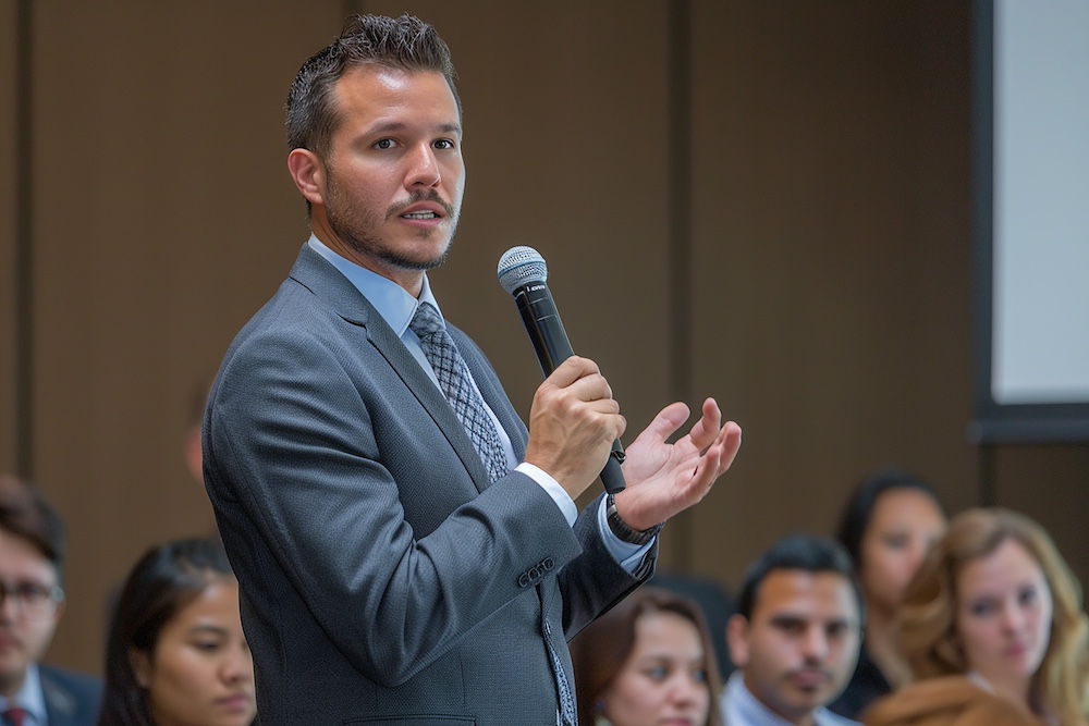 A professional speaker addressing an engaged audience with a microphone
