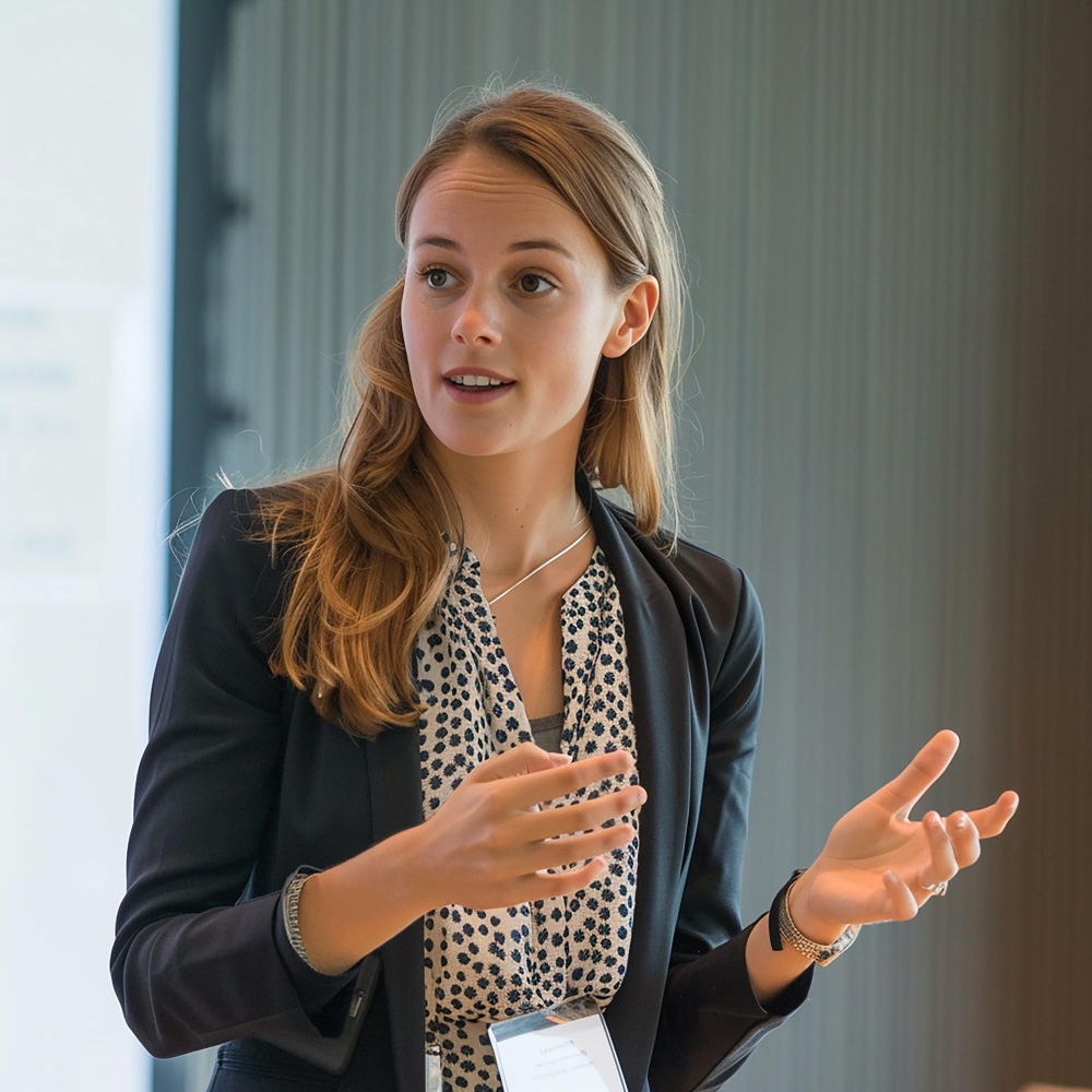 A professional presenting confidently in English