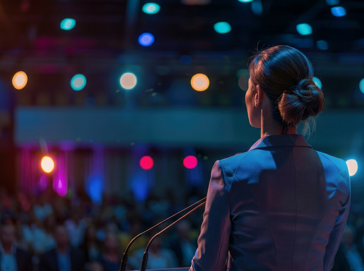 A speaker stepping onto a brightly lit conference stage