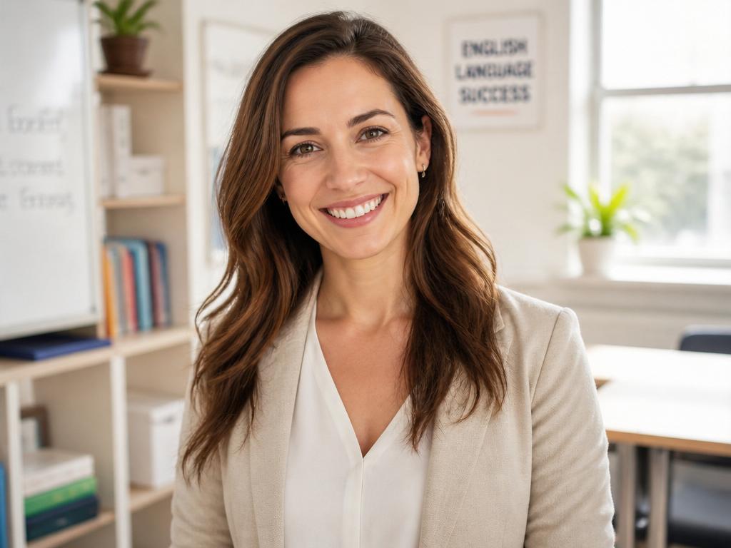 Friendly ESL teacher in a bright modern classroom